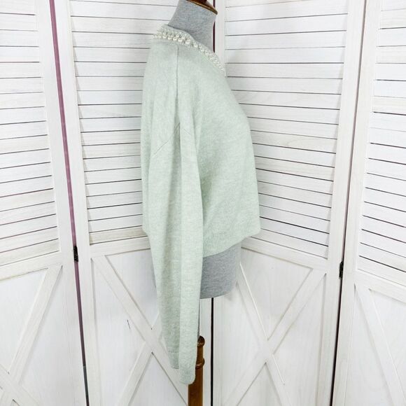 H&M Faux Pearl Beaded Neck Crop Sweater Mint Green Medium Long Sleeve - Picture 4 of 13